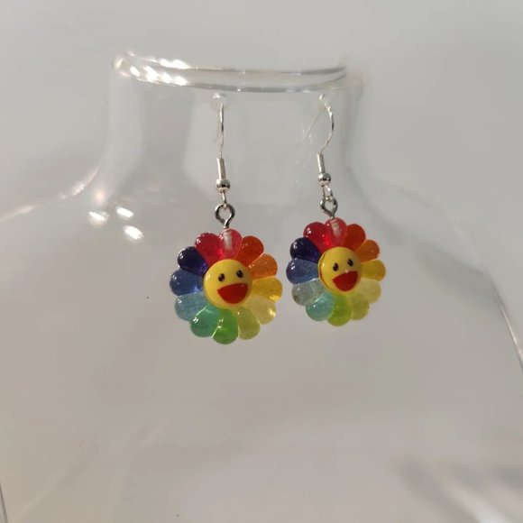 Flower Smiley Earrings | Festival Earrings | Cute Rainbow Flower Smiley - Picture 2 of 2